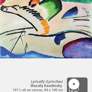 Op de afbeelding: Abstract schilderij van een wit paard met een groene, oranje en blauwe achtergrond. Het schilderij is getiteld "Lyrically (Lyrisches)" door Wassily Kandinsky en is gedateerd 1911. Het schilderij is 94 x 100 cm groot en bevindt zich in het Boijmans Van Beuningen Museum.