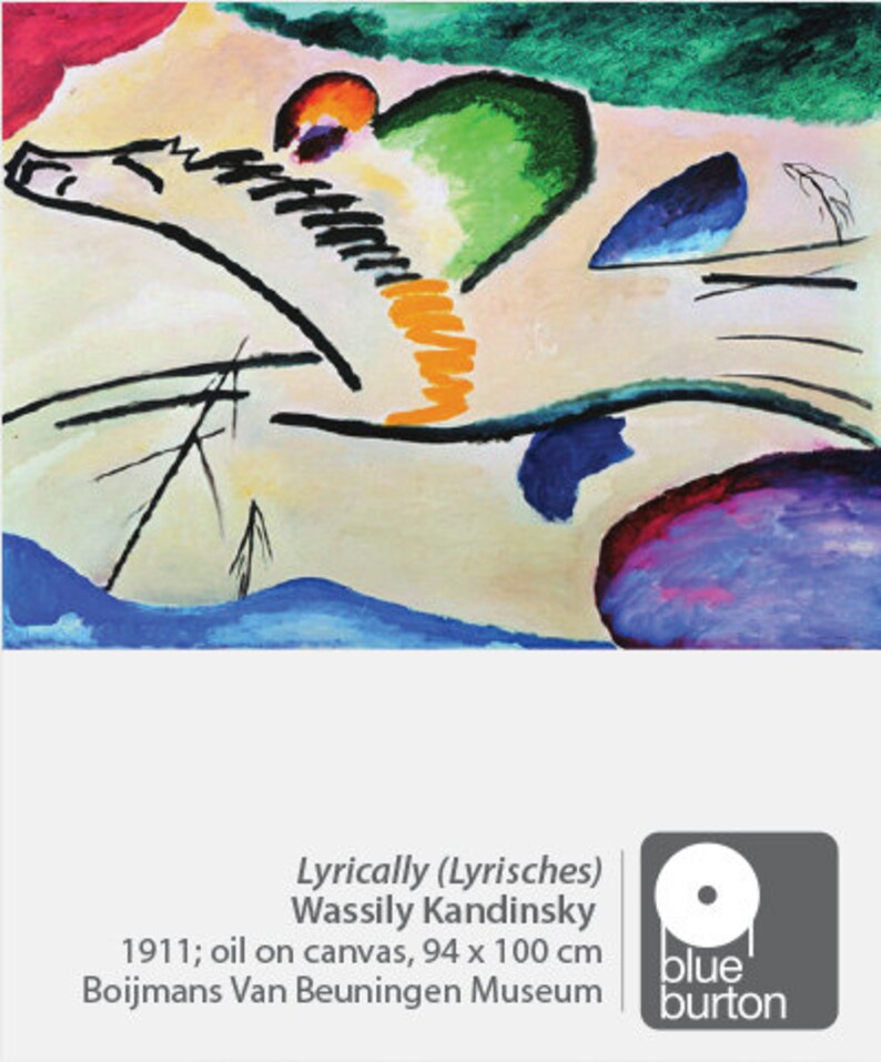 Op de afbeelding: Abstract schilderij van een wit paard met een groene, oranje en blauwe achtergrond. Het schilderij is getiteld "Lyrically (Lyrisches)" door Wassily Kandinsky en is gedateerd 1911. Het schilderij is 94 x 100 cm groot en bevindt zich in het Boijmans Van Beuningen Museum.