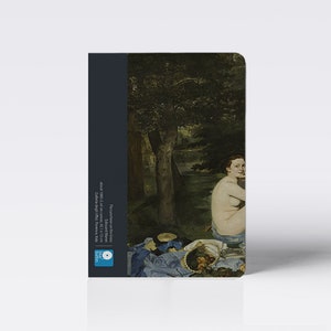 Peut inclure: Une peinture d'une femme assise dans une clairi&egrave;re de for&ecirc;t. La femme est nue et a le dos tourn&eacute; vers le spectateur. Elle est assise sur une couverture bleue avec un panier de fruits devant elle. La peinture est dans un cadre sombre.