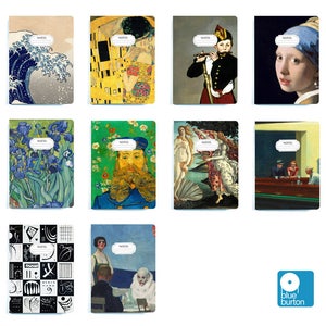 May include: Set of ten notebooks featuring famous paintings, including The Great Wave off Kanagawa, The Kiss, The Girl with a Pearl Earring, and more. Each notebook has a black and white "NOTES" label on the front cover.