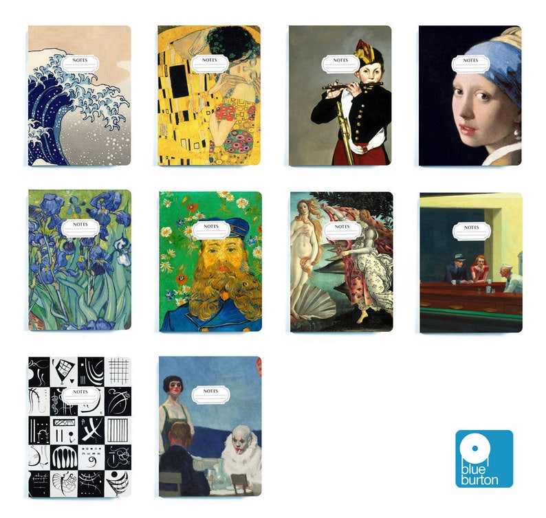 May include: Set of ten notebooks featuring famous paintings, including The Great Wave off Kanagawa, The Kiss, The Girl with a Pearl Earring, and more. Each notebook has a black and white "NOTES" label on the front cover.