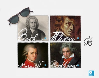 May include: Set of four microfiber cleaning cloths featuring portraits of famous composers: Bach, Chopin, Mozart, and Beethoven. Each cloth has the composer's signature printed on it.