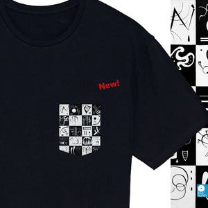 May include: A black t-shirt with a white pocket featuring a graphic design of abstract shapes and the word "New!" printed in red above the pocket.