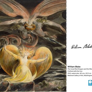 May include: Watercolor painting by William Blake titled "The Great Red Dragon and the Woman Clothed with the Sun". A woman with wings stands on a rock, surrounded by a red dragon. The woman is clothed in yellow and the dragon is red and black.