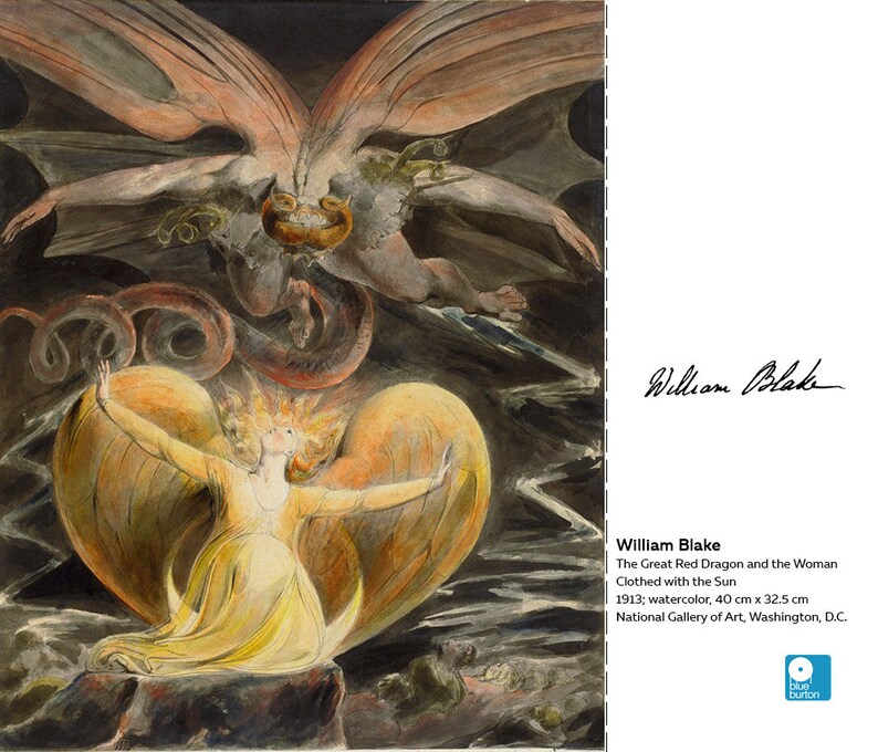 May include: Watercolor painting by William Blake titled "The Great Red Dragon and the Woman Clothed with the Sun". A woman with wings stands on a rock, surrounded by a red dragon. The woman is clothed in yellow and the dragon is red and black.