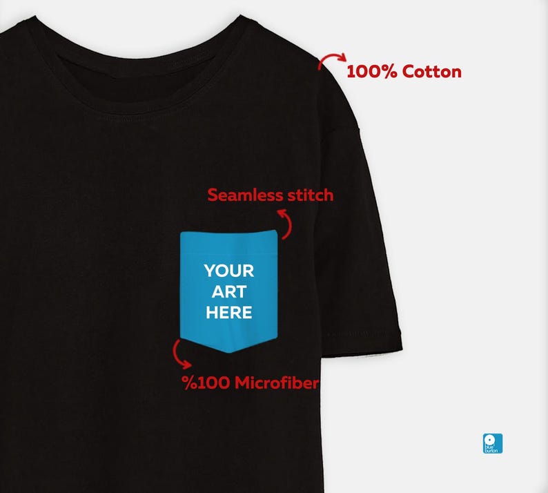 Peut inclure: T-shirt noir avec une poche bleue qui dit "YOUR ART HERE". Le t-shirt est en 100% coton et a une couture sans couture.