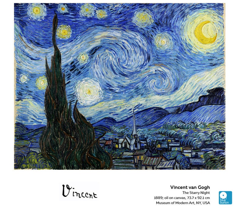Puede incluir: Una pintura de un cielo nocturno estrellado con una luna creciente y un cielo arremolinado en tonos azules y amarillos. Un peque&ntilde;o pueblo con un campanario de iglesia se encuentra en primer plano. La pintura se titula "La noche estrellada" de Vincent van Gogh.