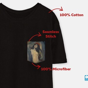 May include: Black t-shirt with a pocket featuring a painting of a woman with long dark hair. The t-shirt is made of 100% cotton and has a seamless stitch. The pocket is made of 100% microfiber.