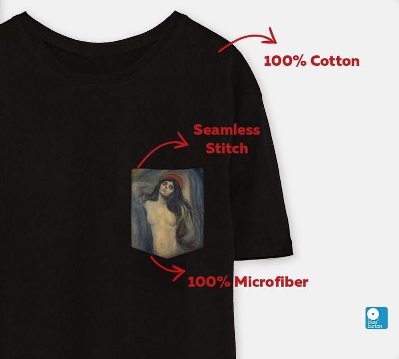 May include: Black t-shirt with a pocket featuring a painting of a woman with long dark hair. The t-shirt is made of 100% cotton and has a seamless stitch. The pocket is made of 100% microfiber.