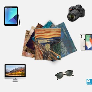 May include: A set of five microfiber cleaning cloths featuring different famous paintings, including The Scream by Edvard Munch. The cloths are ideal for cleaning glasses, screens, and other delicate surfaces.