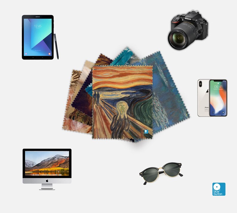 May include: A set of five microfiber cleaning cloths featuring different famous paintings, including The Scream by Edvard Munch. The cloths are ideal for cleaning glasses, screens, and other delicate surfaces.