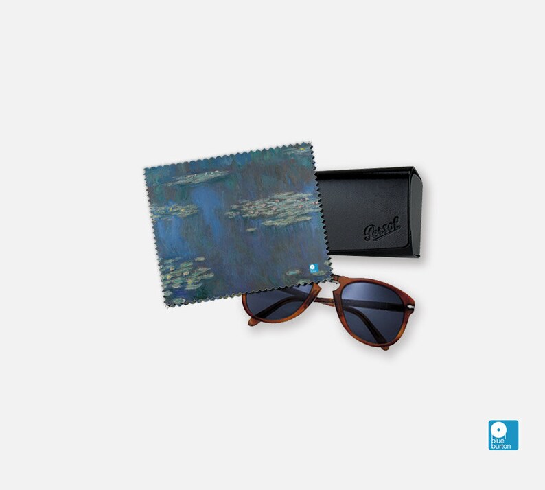May include: A pair of brown tortoiseshell sunglasses with dark lenses, a black case with the word "Persol" embossed on it, and a blue and white microfiber cleaning cloth with a painting of water lilies.