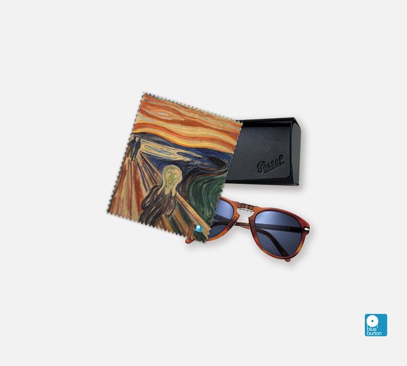 May include: A black case with the word "Persol" printed on it, a pair of brown tortoise shell sunglasses, and a microfiber cleaning cloth with a painting of "The Scream" by Edvard Munch.