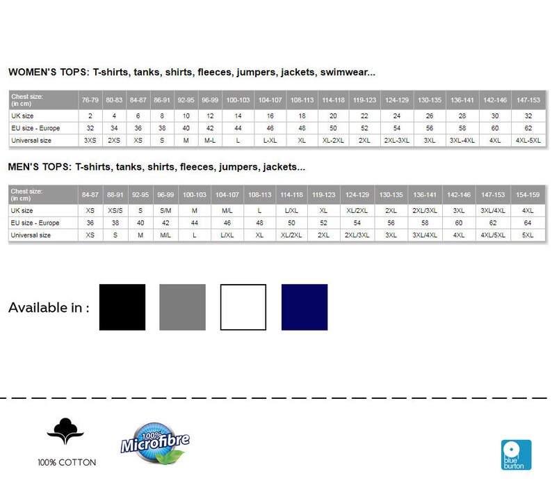 May include: Size chart for women's and men's tops. The chart shows chest sizes in inches and centimetres, and corresponding UK, EU, and universal sizes. The chart is divided into two sections: women's tops and men's tops. The chart is printed on a white background.