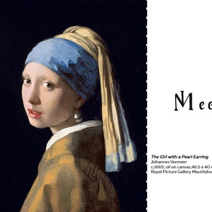 Puede incluir: Una pintura de una joven con un pa&ntilde;uelo azul y amarillo y un pendiente de perla. La pintura se titula "La joven de la perla" de Johannes Vermeer, c. 1665. La pintura est&aacute; en la Galer&iacute;a Real Mauritshuis.