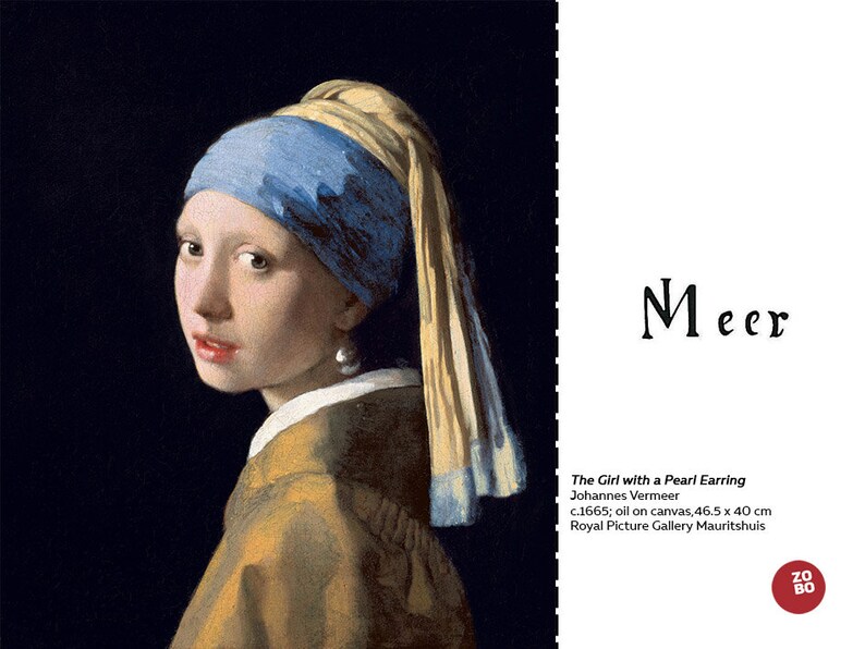 Puede incluir: Una pintura de una joven con un pa&ntilde;uelo azul y amarillo y un pendiente de perla. La pintura se titula "La joven de la perla" de Johannes Vermeer, c. 1665. La pintura est&aacute; en la Galer&iacute;a Real Mauritshuis.