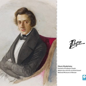 May include: A watercolor portrait of Fryderyk Chopin, painted by Maria Wodzińska. Chopin is wearing a black suit with a white shirt and a black bow tie. He is sitting in a chair with a red cushion. The painting is signed "Chopin" in the lower right corner.