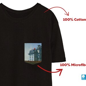 Peut inclure: T-shirt noir avec une poche repr&eacute;sentant une peinture d'une maison. Le t-shirt est en 100% coton et la poche est en 100% microfibre.