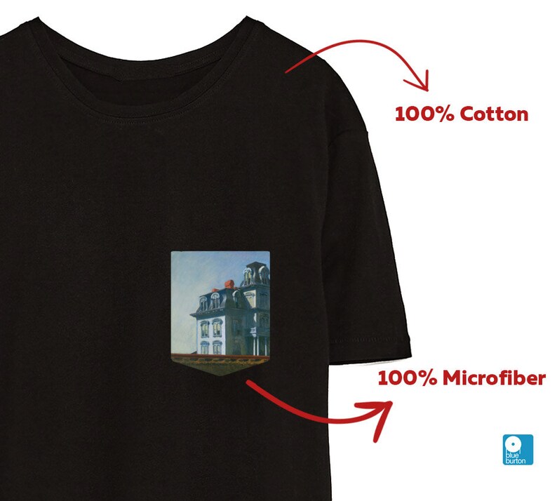 Peut inclure: T-shirt noir avec une poche repr&eacute;sentant une peinture d'une maison. Le t-shirt est en 100% coton et la poche est en 100% microfibre.