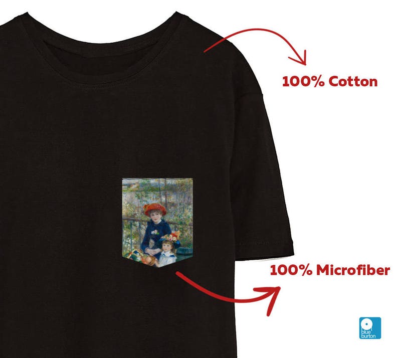 K&ouml;nnte beinhalten: Schwarzes T-Shirt mit einer Tasche, die ein Gem&auml;lde von zwei Personen in einem Garten zeigt. Der Text "100% Baumwolle" befindet sich &uuml;ber dem Shirt und "100% Mikrofaser" unter dem Shirt.