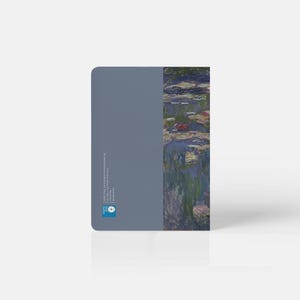 May include: A blue and white notebook featuring a painting of water lilies on the cover. The notebook has a blue spine and a white logo on the back cover.