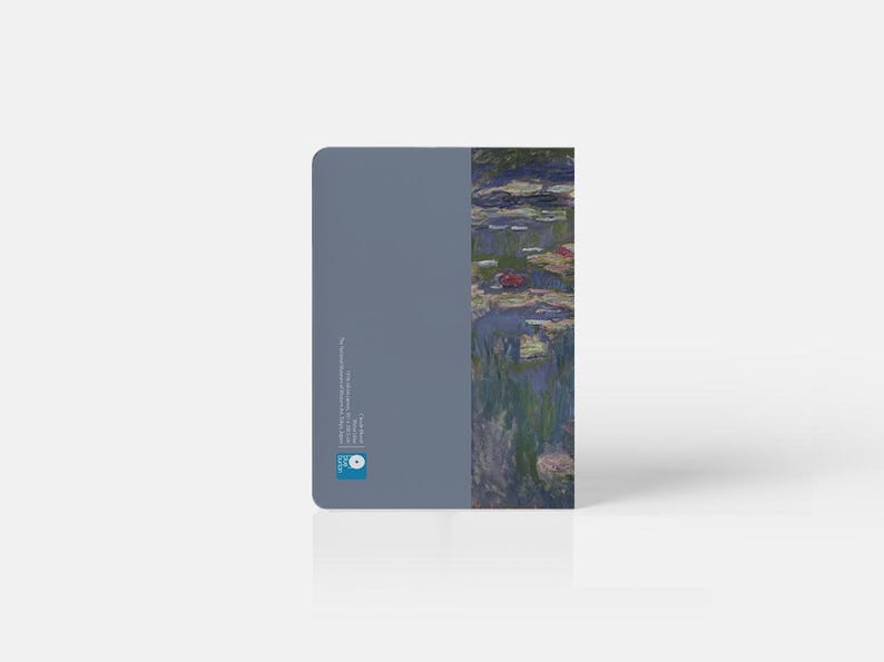 May include: A blue and white notebook featuring a painting of water lilies on the cover. The notebook has a blue spine and a white logo on the back cover.