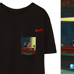 May include: Black t-shirt with a pocket featuring a painting of three people sitting at a bar. The text "New!" is printed in red on the shirt.