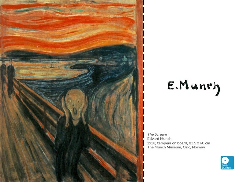 May include: A painting titled "The Scream" by Edvard Munch. The painting depicts a person with a distorted face, screaming, against a background of a swirling, blood-red sky and a dark, wavy body of water. The person is standing on a wooden bridge with a railing.
