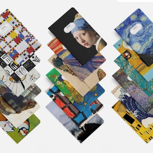 May include: A set of 10 notebooks featuring a variety of artistic designs. The covers showcase famous paintings including The Starry Night, Girl with a Pearl Earring, and The Great Wave off Kanagawa. Each notebook has a black spine with the word "NOTES" printed on it.