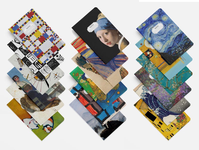 May include: A set of 10 notebooks featuring a variety of artistic designs. The covers showcase famous paintings including The Starry Night, Girl with a Pearl Earring, and The Great Wave off Kanagawa. Each notebook has a black spine with the word "NOTES" printed on it.
