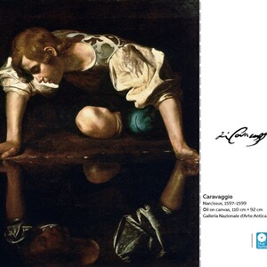 Pode incluir: Uma pintura de Caravaggio intitulada "Narciso" retrata um jovem olhando para um charco de &aacute;gua, seu reflexo o olhando fixamente. A pintura &eacute; &oacute;leo sobre tela e mede 110 cm por 92 cm.