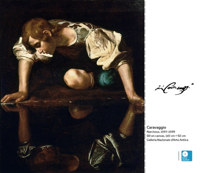 Pode incluir: Uma pintura de Caravaggio intitulada "Narciso" retrata um jovem olhando para um charco de &aacute;gua, seu reflexo o olhando fixamente. A pintura &eacute; &oacute;leo sobre tela e mede 110 cm por 92 cm.
