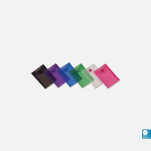 May include: Six clear plastic envelopes with a button closure. The envelopes are in different colors: black, purple, blue, green, white, and pink.