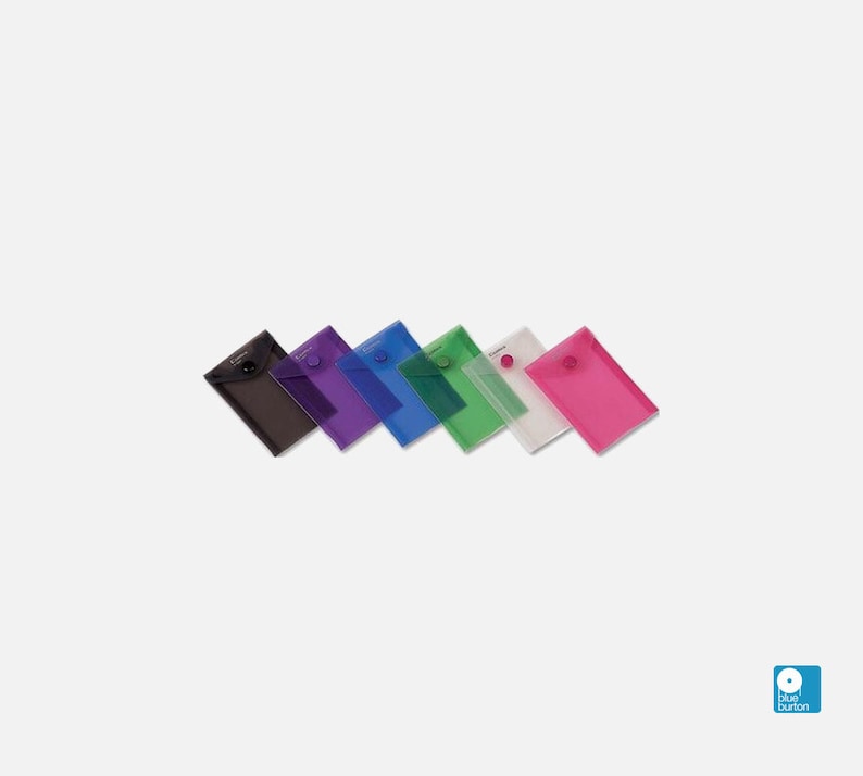 May include: Six clear plastic envelopes with a button closure. The envelopes are in different colors: black, purple, blue, green, white, and pink.
