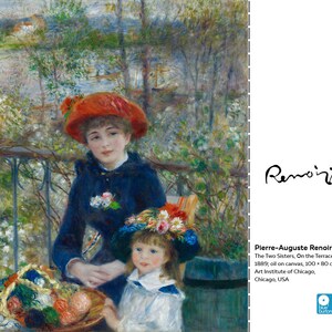 K&ouml;nnte beinhalten: Ein Gem&auml;lde von Pierre-Auguste Renoir mit dem Titel "Die beiden Schwestern auf der Terrasse" zeigt zwei Frauen, die auf einer Terrasse sitzen. Die Frau im Vordergrund tr&auml;gt ein blaues Kleid und einen roten Hut. Die Frau im Hintergrund tr&auml;gt ein blaues Kleid und einen roten Hut. Das Gem&auml;lde ist &Ouml;l auf Leinwand und misst 100 x 80 cm. Es befindet sich im Art Institute of Chicago.