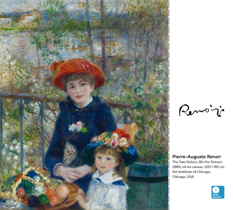 K&ouml;nnte beinhalten: Ein Gem&auml;lde von Pierre-Auguste Renoir mit dem Titel "Die beiden Schwestern auf der Terrasse" zeigt zwei Frauen, die auf einer Terrasse sitzen. Die Frau im Vordergrund tr&auml;gt ein blaues Kleid und einen roten Hut. Die Frau im Hintergrund tr&auml;gt ein blaues Kleid und einen roten Hut. Das Gem&auml;lde ist &Ouml;l auf Leinwand und misst 100 x 80 cm. Es befindet sich im Art Institute of Chicago.