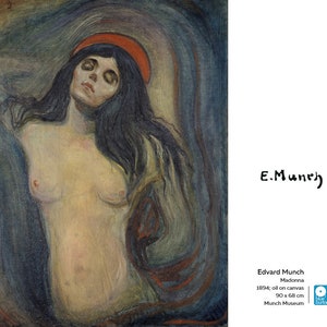 May include: A painting of a woman with long dark hair and a red halo. The woman is nude and her body is painted in a stylised way. The background is a swirling blue and green.