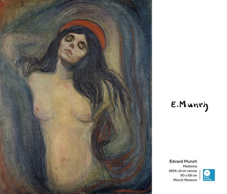 May include: A painting of a woman with long dark hair and a red halo. The woman is nude and her body is painted in a stylised way. The background is a swirling blue and green.