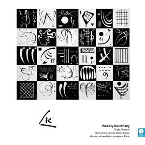 May include: A black and white abstract painting by Wassily Kandinsky titled "Thirty (Trente)". The painting is composed of 36 squares, each containing a different geometric shape or line. The squares are arranged in a grid pattern.