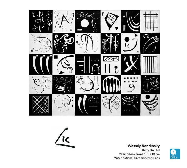 May include: A black and white abstract painting by Wassily Kandinsky titled "Thirty (Trente)". The painting is composed of 36 squares, each containing a different geometric shape or line. The squares are arranged in a grid pattern.