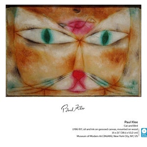 May include: Abstract painting of a cat's face with a bird in the centre. The cat's eyes are green, and the bird is pink and white. The painting is by Paul Klee and is titled "Cat and Bird".