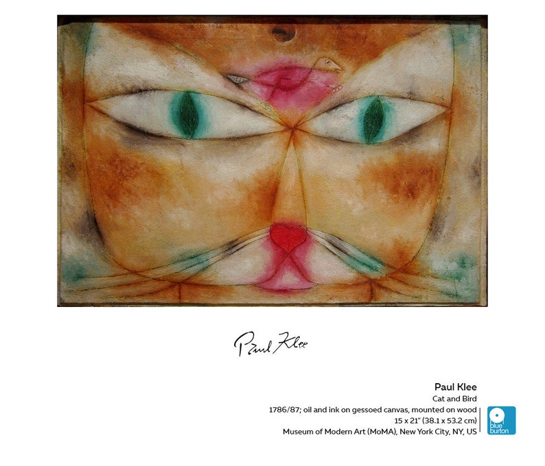 May include: Abstract painting of a cat's face with a bird in the centre. The cat's eyes are green, and the bird is pink and white. The painting is by Paul Klee and is titled "Cat and Bird".