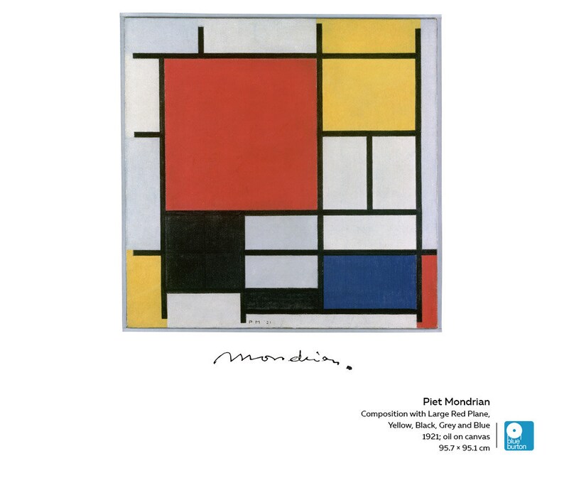 May include: Abstract painting by Piet Mondrian titled "Composition with Large Red Plane, Yellow, Black, Grey and Blue". The painting features a grid of black lines with squares of red, yellow, blue, black, and grey.