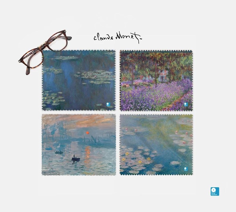 May include: Four square microfiber cleaning cloths featuring different paintings by Claude Monet. The paintings include water lilies, a garden with purple flowers, and a sunrise over water.