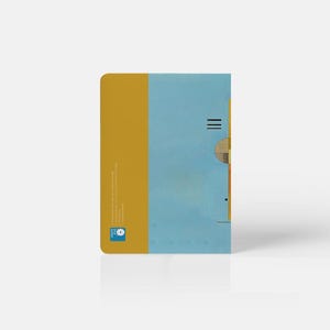 May include: A yellow and blue notebook with a geometric design on the cover. The notebook has a small logo on the bottom left corner.