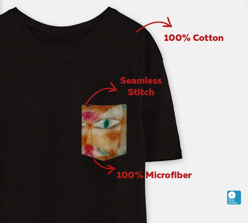 May include: Black t-shirt with a pocket featuring a colourful abstract cat illustration. The t-shirt is made of 100% cotton and the pocket is made of 100% microfiber. The t-shirt has a seamless stitch.