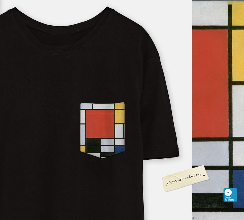 May include: Black t-shirt with a pocket featuring a geometric design in red, yellow, blue, and black. The design is reminiscent of a Mondrian painting. The t-shirt has a tag that says "Mondrian".
