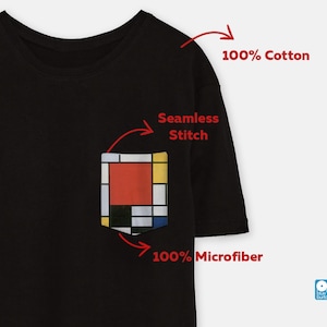 May include: Black t-shirt with a pocket featuring a colourful geometric design. The t-shirt is made of 100% cotton and the pocket is made of 100% microfiber. The pocket has a seamless stitch.