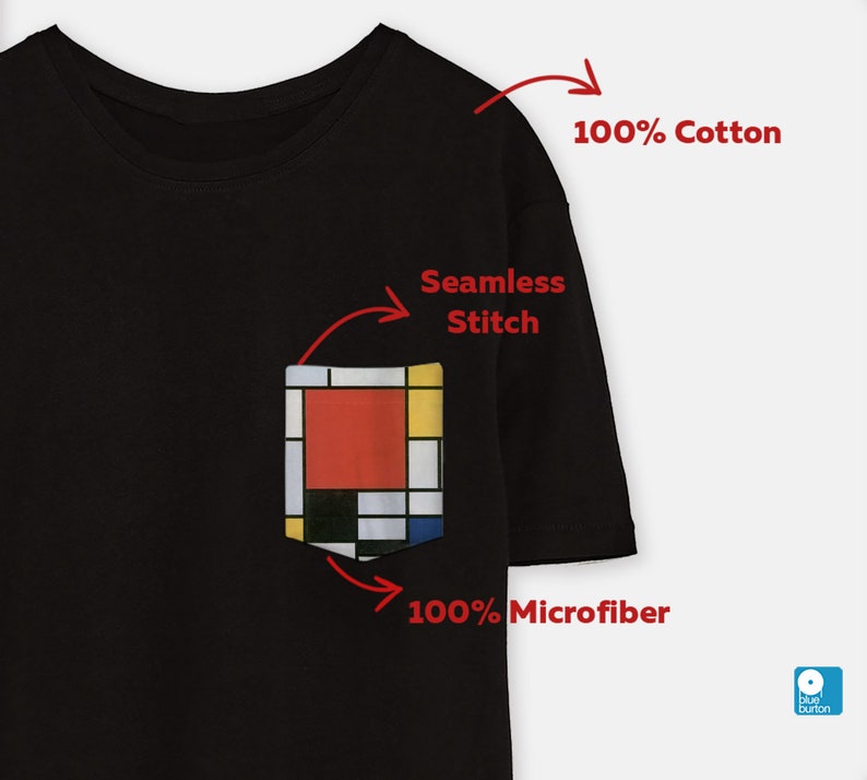May include: Black t-shirt with a pocket featuring a colourful geometric design. The t-shirt is made of 100% cotton and the pocket is made of 100% microfiber. The pocket has a seamless stitch.