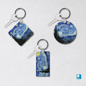 May include: Three keychains featuring a reproduction of Vincent van Gogh's Starry Night painting. The keychains are available in a square, round, and rectangular shape.